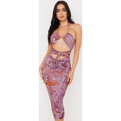 Women Summer Sheath Dress, Irregular Print Hollow Tied Halter Neck Sleeveless Backless Skirt for Girls, Purple