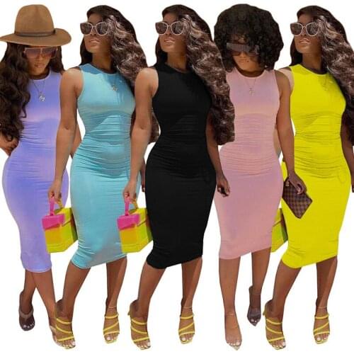 Womens Fashion Solid Summer Sleeveless Dress Woman Elegant Sleeveless Party Dresses