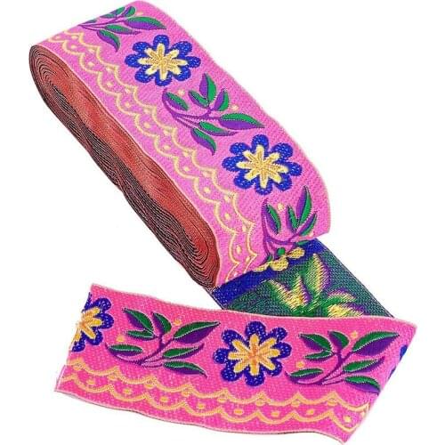 7Meters Jacquard Ribbon Daisy Leaves on Waves Fabric Fringe Floral Embroidered Woven Trim for Craft Supplies Garment Accessories
