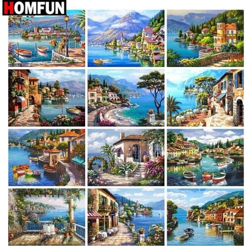 HOMFUN Full Square/Round Drill 5D DIY Diamond Painting "House seaside view" Embroidery Cross Stitch 5D Home Decor Gift