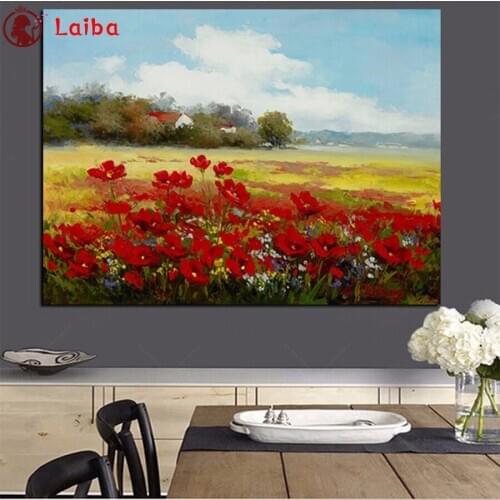 DIY round square diamond embroideryAbstract Wild Red Flower Poppies Landscape pattern cross stitch kits 5d diamond painting