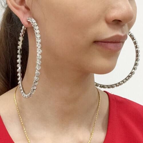 Shiny Rhinestone Big Hoop Earrings for Women Round Circle Aros Aretes Round Hoop Earrings Jewelry for Gift Female