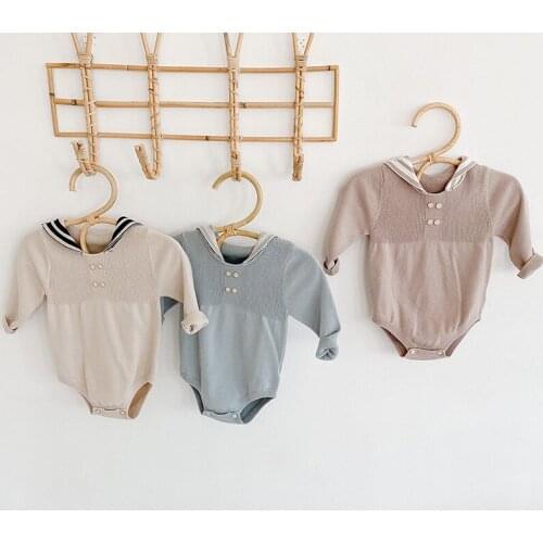 Autumn new baby young child baby romper suit long-sleeved navy knitting wool clothing triangle climb clothes