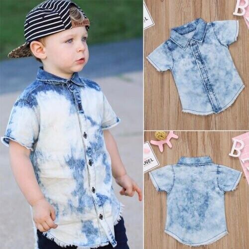 Toddler Kids Baby Boys Sky Blue Denim Blouse Button Tee Tops Jeans 2-7Y