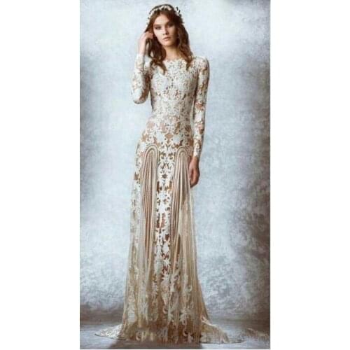 Zuhair Murad Lace Vintage Wedding Dresses Custom Made Long Sleeves Court Train Beach Country Bridal Gowns