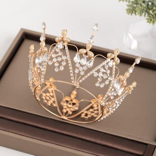 Trendy Gold Tiaras And Crowns For Wedding Party Crystal Rhinestone Round Diadems Bridal Women Hair Jewelry Hair Accessories
