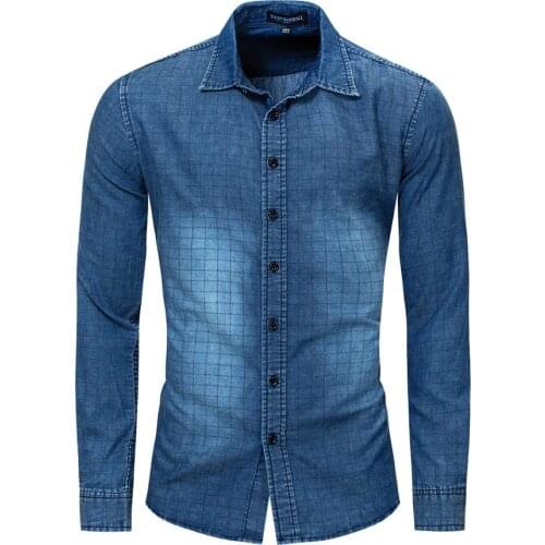 Mens Denim Shirt Long Sleeve Cotton Nostalgic Military Plaid Shirt Fitted Colorblock Turn Down Collar Cardigan