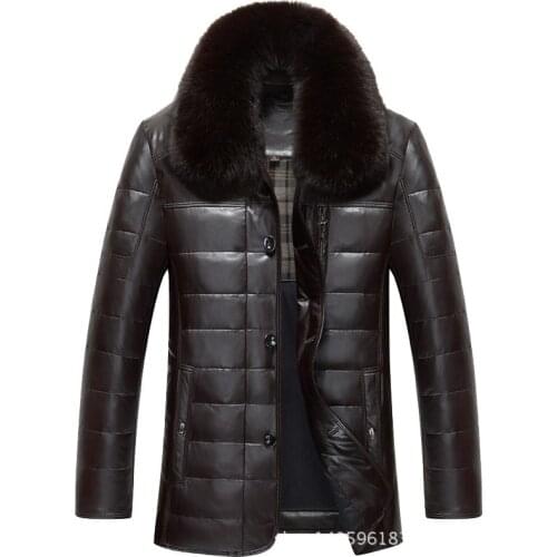 Winter 2021 mens Lapel thickened fox fur collar middle aged and old Dad down jacket leather coat