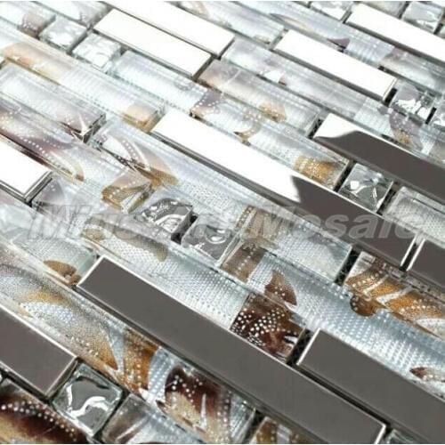Cheap price Strip Glossy Metal mosaic tile mixed glass mosaic kitchen mosaic wall tile