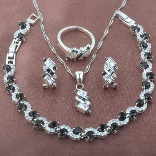 Unusual Black Zirconia Silver Plated Womens Party Jewelry Set Bracelet Necklace Pendant Earrings Ring YZ0546