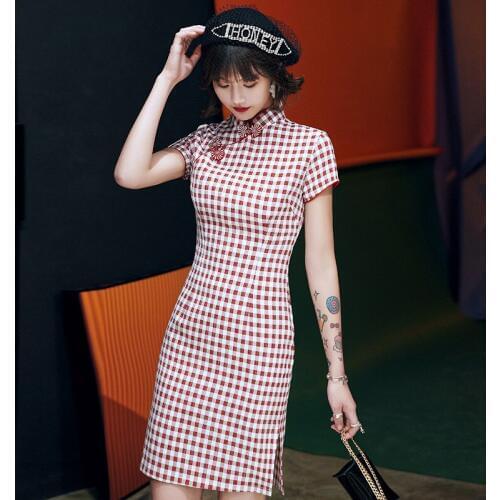 2020 New Green Chinese Cheongsam Dress Women Cotton Slim Hand Button Qipao Checkered Dress Party Wedding Dresses