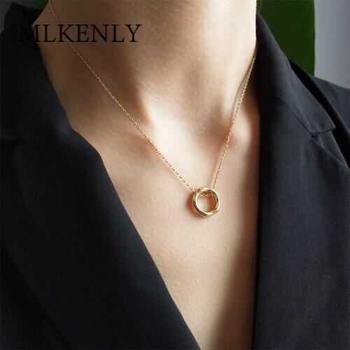 MLKENLY 100% 925 Sterling Silver Casual Personality Circle Lariat Pendant Gold Color Necklace High Quality Simple Choker Gift