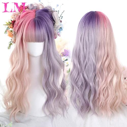 LM Long Ombre Colorful Synthetic Cosplay Lolita Harajuku Wig With Bangs Natural Wavy Wigs White Green Daily Wigs