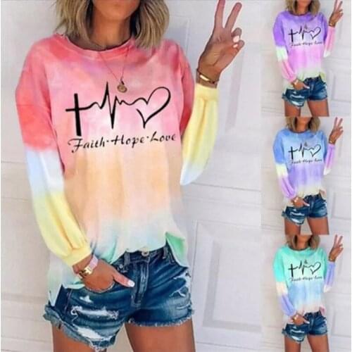 Autumn Spring Fashion Women Gradient T-shirt Autumn Casual Style Long Sleeve Round Neck Letter Print Pullover