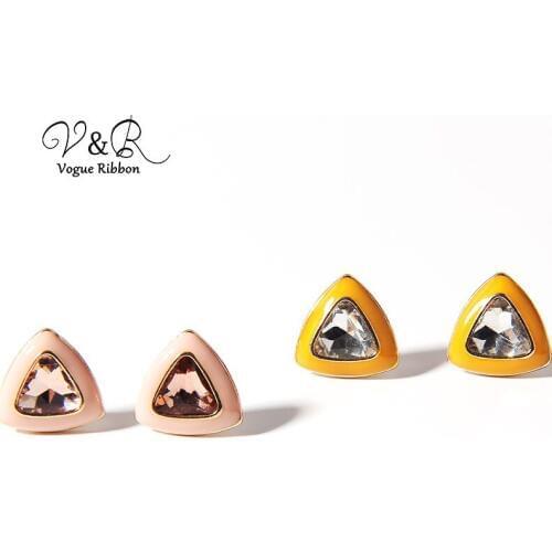 Cute Basic Triangle Glass Stone Orange/Pink Enamel Stud Earring, Small Korean Stud Earrings, Christmas Jewerly Earring Wholesale