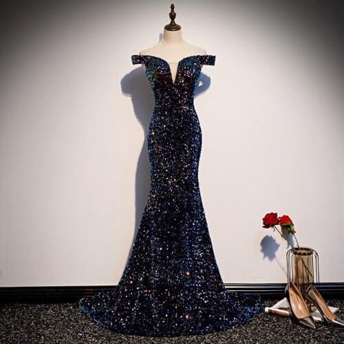 Navy Blue Prom Dresses Boat Neck Sexy Sequins Backless Off The Shoulder Wedding Party Guests Celebrity Evening Gowns Mermaid New