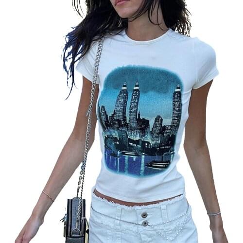 Womens Classic T-shirt Casual Short White Sleeve Tops Fashion Summer City Scenery Printing Pullover Tops