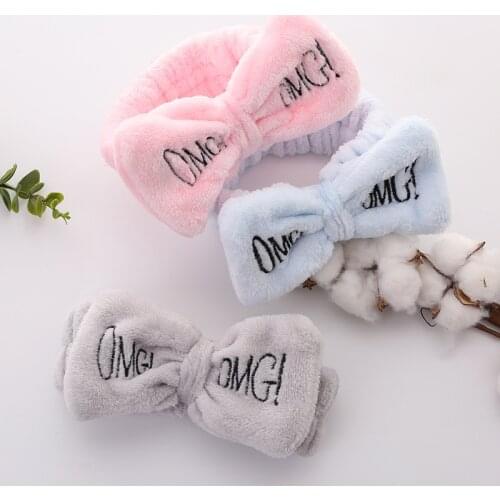 2021 New OMG Letter Bow Headband Women Head Wrap Soft Coral Fleece Makeup Washing Face Turban Hairband Hair Turban Accessories