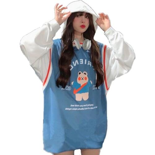 2021 Autumn Women Harajuku Patchwork Long Sleeve Hooded Sweatshirt Kawaii Cartoon Bear Print Fake 2 Piece Hoody Casual Outwear