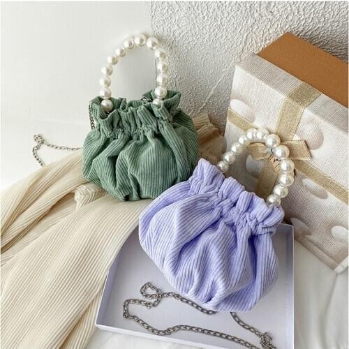 2020 autumn new women bag Corduroy Bucket Chains Pearl handle Lady Shoulder Bag handbag purse phone bag lovely bag