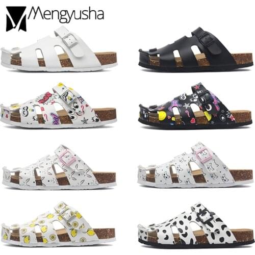 Hollow out cork sandals women lemon print beach sandalias cartoon flower flip flops female cover toe cork slippers size 45 c919