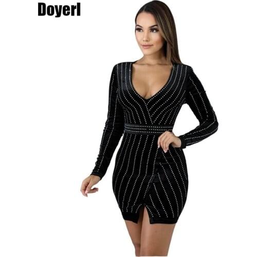 Women Sexy Party Dress Autumn Long Sleeve Luxury Crystal Rhinestone Dresses Black Plus Size Elegant Mini Bodycon Club Dresses
