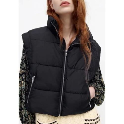 Za Womens Vest Parkas Jacket Black Zipper Waistcoat Sleeveless Top Outwear Streewear Vest Coat Solid Fashion Warm Jacket Woman
