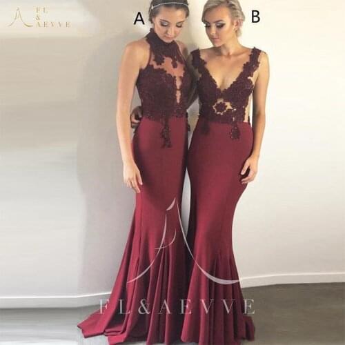 Vintage Burgundy Satin Mermaid Bridesmaid Dresses Appliques Tulle Wedding Party Gowns Deep V-neck Prom Gowns Plus Size