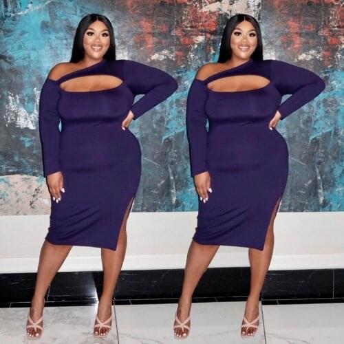 2021 Ladies Autumn Dress Party Dress Casual Fashion Solid Color Oblique Shoulder Hollow Bifurcation Plus Size Womens Sexy Dress