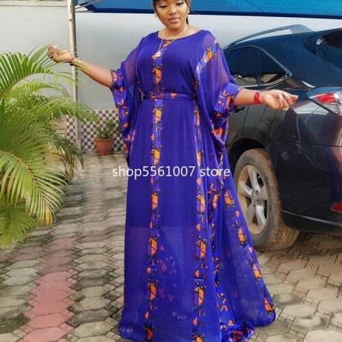 2021 Africa Clothing New Style Classic African Womens Dress Dashiki Fashion Chiffon Loose Big Bat Sleeve Belt Dress Free Size