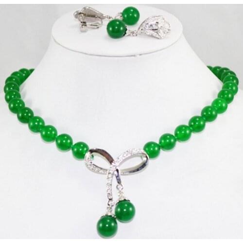 Free Shipping noblest 10mm green necklace 17 inch + pendant & earrings set