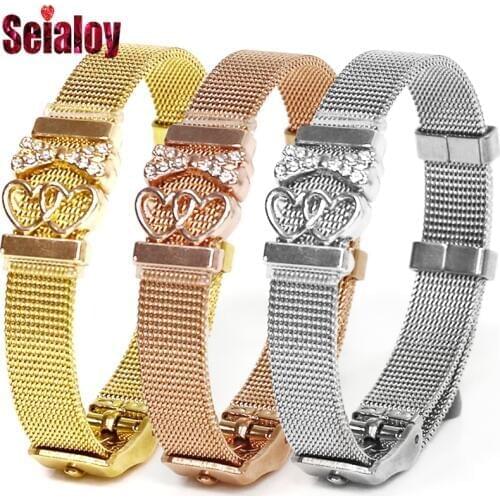 Rose Gold Stainless Steel Mesh Watch Belt Bracelet For Women Couple Lover Original Double Heart Bow Charm Strap Bracelet Bangle