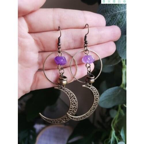 Bronze Voodoo Crescent Crystal Pendant Earrings, Moon Phase, Witch, Voodoo, Gothic crystal earrings