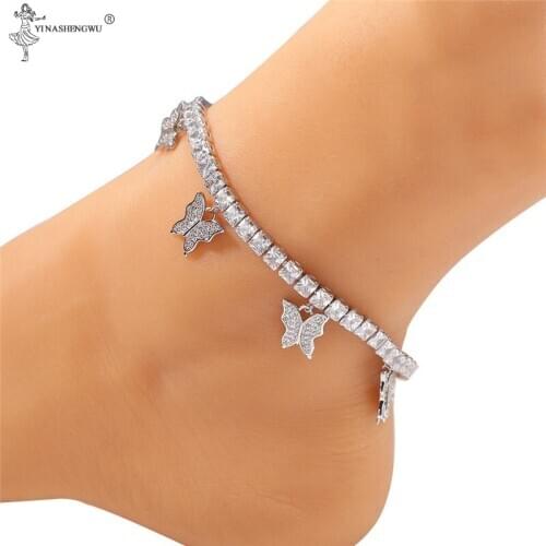 Iced Out Bling Tennis Chain Butterfly Anklet Jewelry for Women Pink Pinky Pendant Anklet Summer Fashion Beach Foot Chain Gift