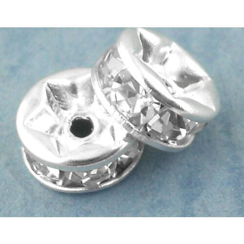 Doreen Box hot- 30PCs Silver color Rondelles Rhinestone Spacers Beads 6mm Dia. (B01299)