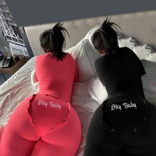 Embroidery Letter Butt Flap Onesie Jumpsuit for Women Buttons Split Bodycon Rompers Womens Jumpsuit Loungewear One Piece Outfits