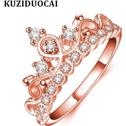 Kuziduocai New Fashion Jewelry Stainless Steel Zircon Rose Gold Crown Wedding Rings For Women Gifts Anillo Anel Bague Punk R-211