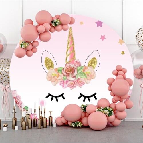 Laeacco Sweet Unicorn Round Photo Backdrop Birthday Party Baby Shower Customized Circle Photography Background Photophone