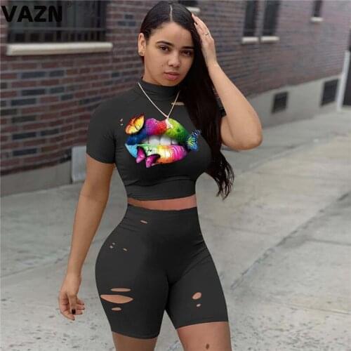 VAZN 2020 Summer New Classic Black High Street Sexy Young Smart Short Sleeve Group Knee Length Tracksuits Slim Women 2 Piece Set