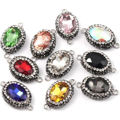 8Seasons Copper & Glass Connectors Oval Transparent Clear Faceted Black Rhinestone Jewelry DIY Findings 26mm x 15mm, 2 PCs