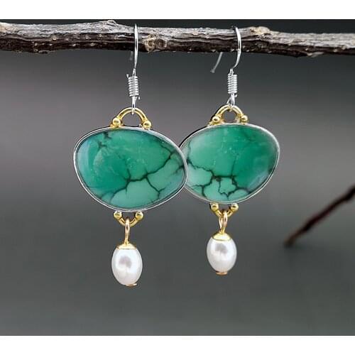 Fashion Baroque Pearl Drop Earrings Two Color Metal Lotus Leaves Shape Green Turquoise Pendant Dangle Earrings