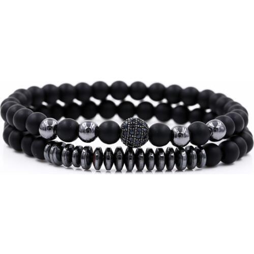 Fashion 2PCS/Set Natural Black Matte Stone Beaded Bracelet 6mm Elastic Rope Hematite Stone Bracelet Sets Men Women charm Jewelry