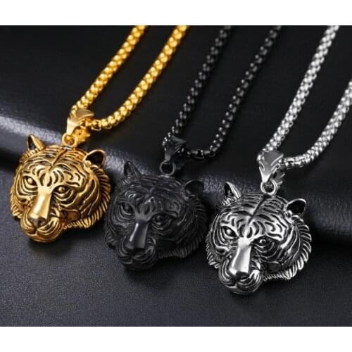Mens Stainless Steel Biker Tiger Pendant Cool Gothic Necklace Box Chain gold/black 4mm 24