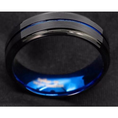 Mens fashion 8MM Black Brushed Ladder Edge Tungsten Ring Blue Groove Men Wedding Ring Gifts For Men