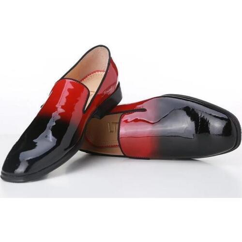 New Fashion High Quality Slip On Patent Leather Party Prom Shoes Plus Size Men Loafers Black Red Gradient Color Mens Dress Shoes