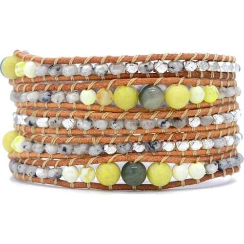 BOHO Beach Holiday New Natural Mix Size Stone Leather Wrap bracelet Dropshipping