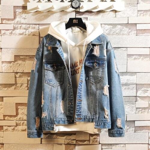 Fall new youth trend denim jacket high street hip-hop hole student jacket trend stitching English element jacket