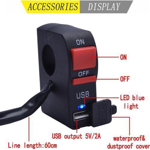 7/8" 22mm Motorcycle Switches Motorbike Headlight ON/OFF Button Connector Start Handlebar Controller Switch with 2.1A USB Charge