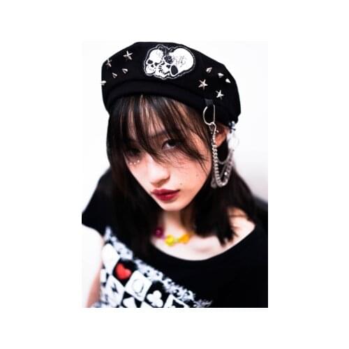 Ruibbit Rock New Arrival Japanese Gothic Girls Punk Berets Hat Harajuku Woman Casual Caps Skull Chain Fashion Hats