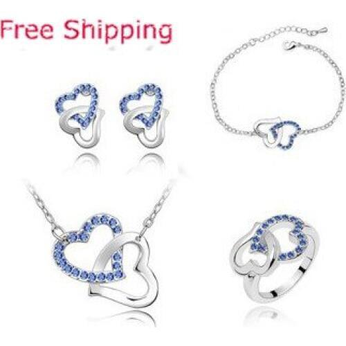 S033 Korean fashion Crystal Set jewely sets Heart-shaped Necklace + Earrings +ring+bracelet four pieces Set